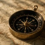 Vintage brass compass resting on old map