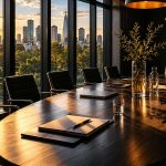 Modern conference room overlooking city skyline at sunset