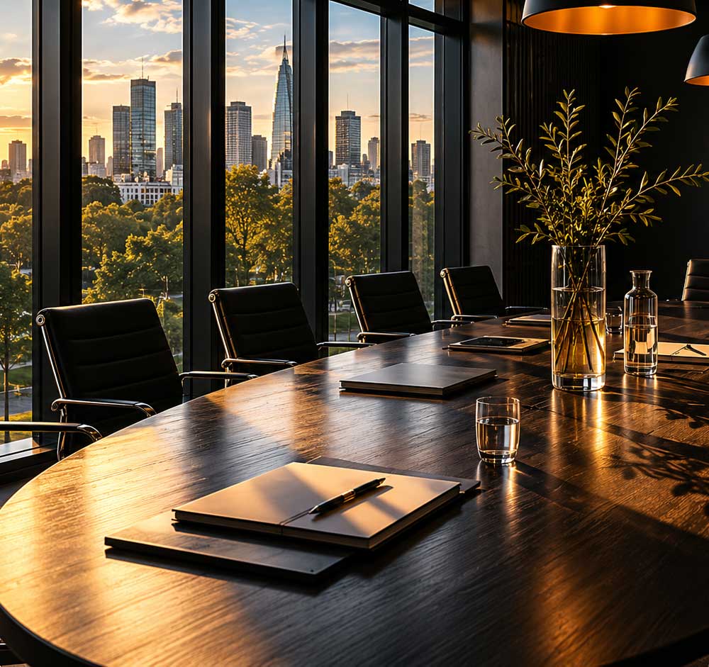 Modern conference room overlooking city skyline at sunset