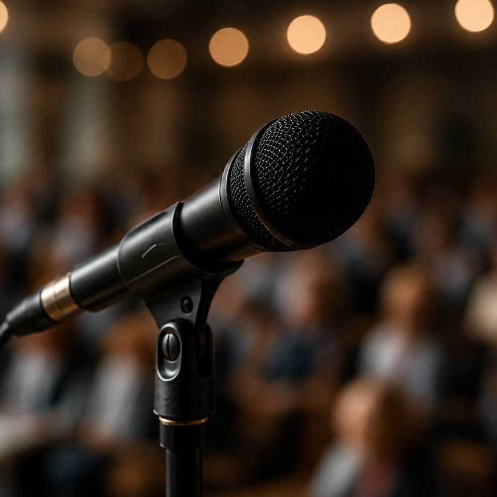 Microphone on stage before blurred audience