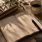 Open journal with pen and coffee in sunlight