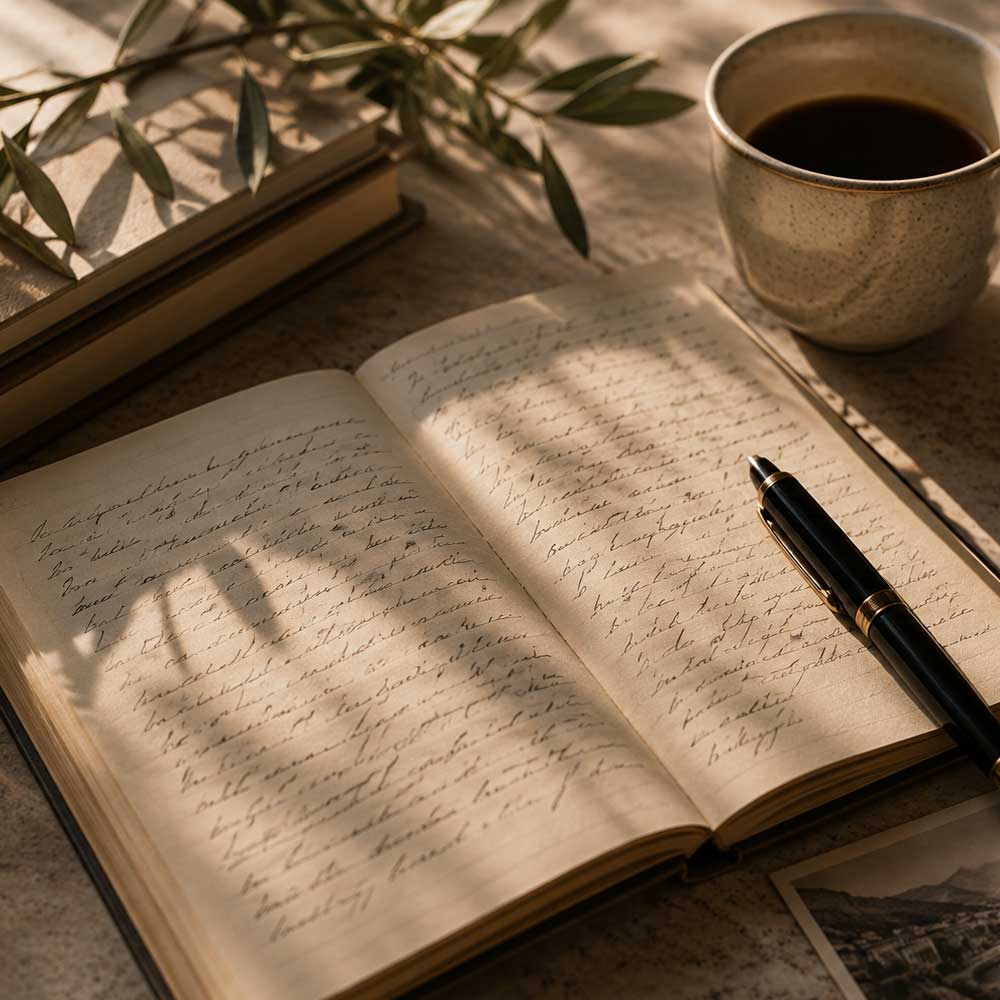 Open journal with pen and coffee in sunlight