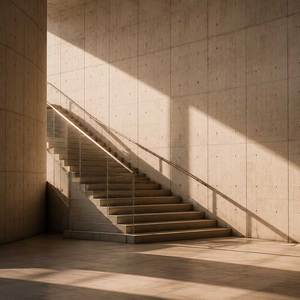 Sunlit concrete staircase in minimalist modern interior