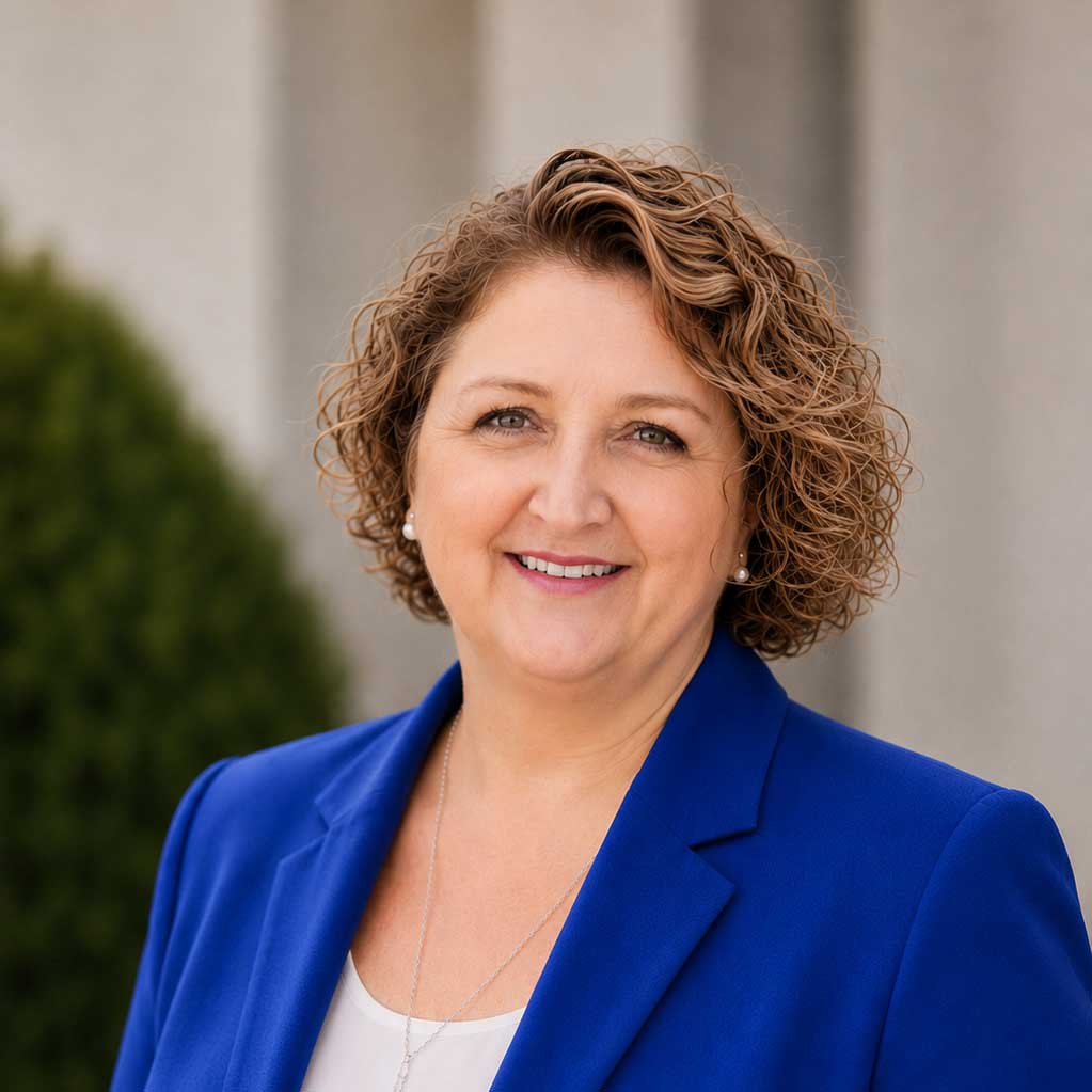 Smiling woman in blue blazer outdoors