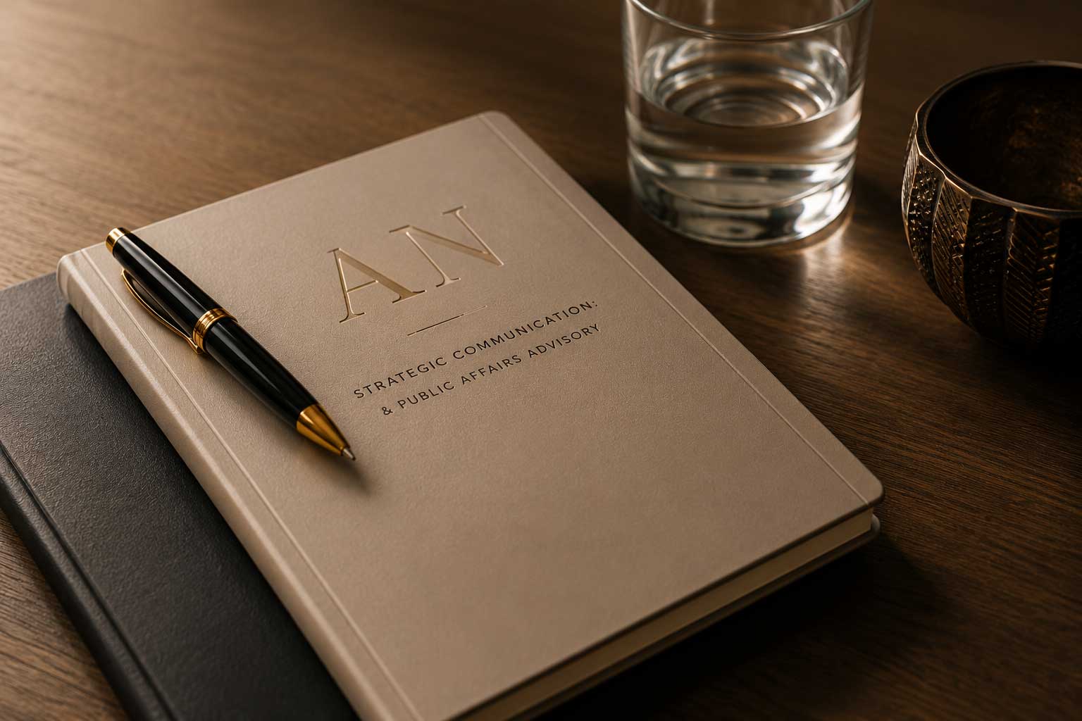 Embossed AIN notebook with pen on desk