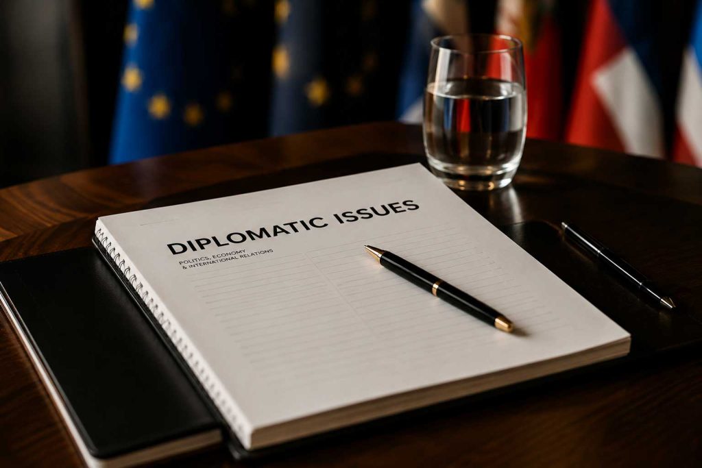 Notebook titled Diplomatic Issues on desk with pen