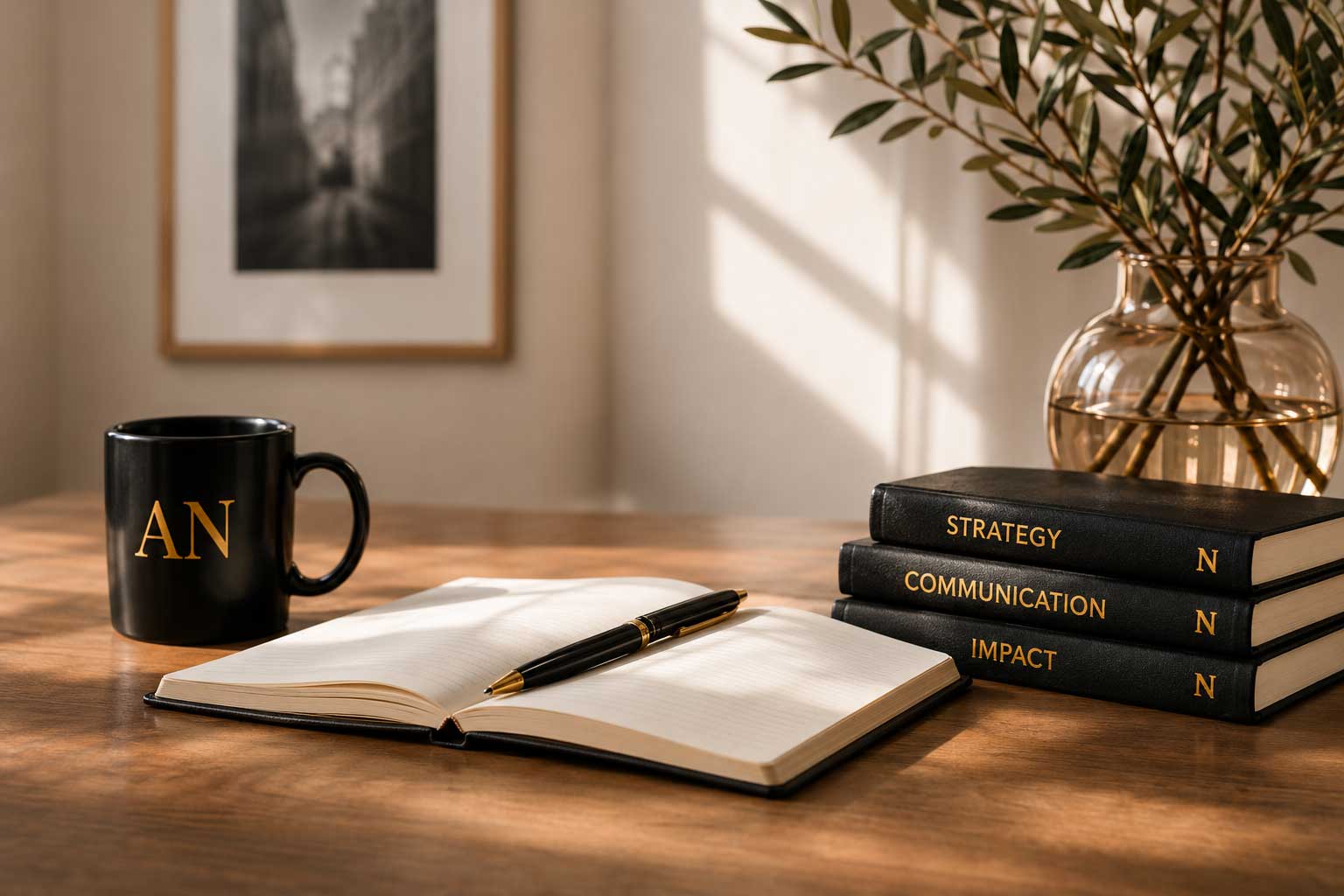 Desk with notebook, books, and black mug