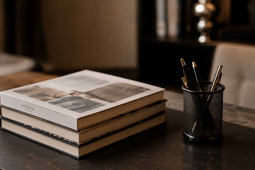 Stacked books and pen holder on desk