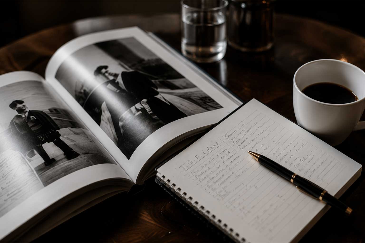 Open photography book, notebook, and coffee on table