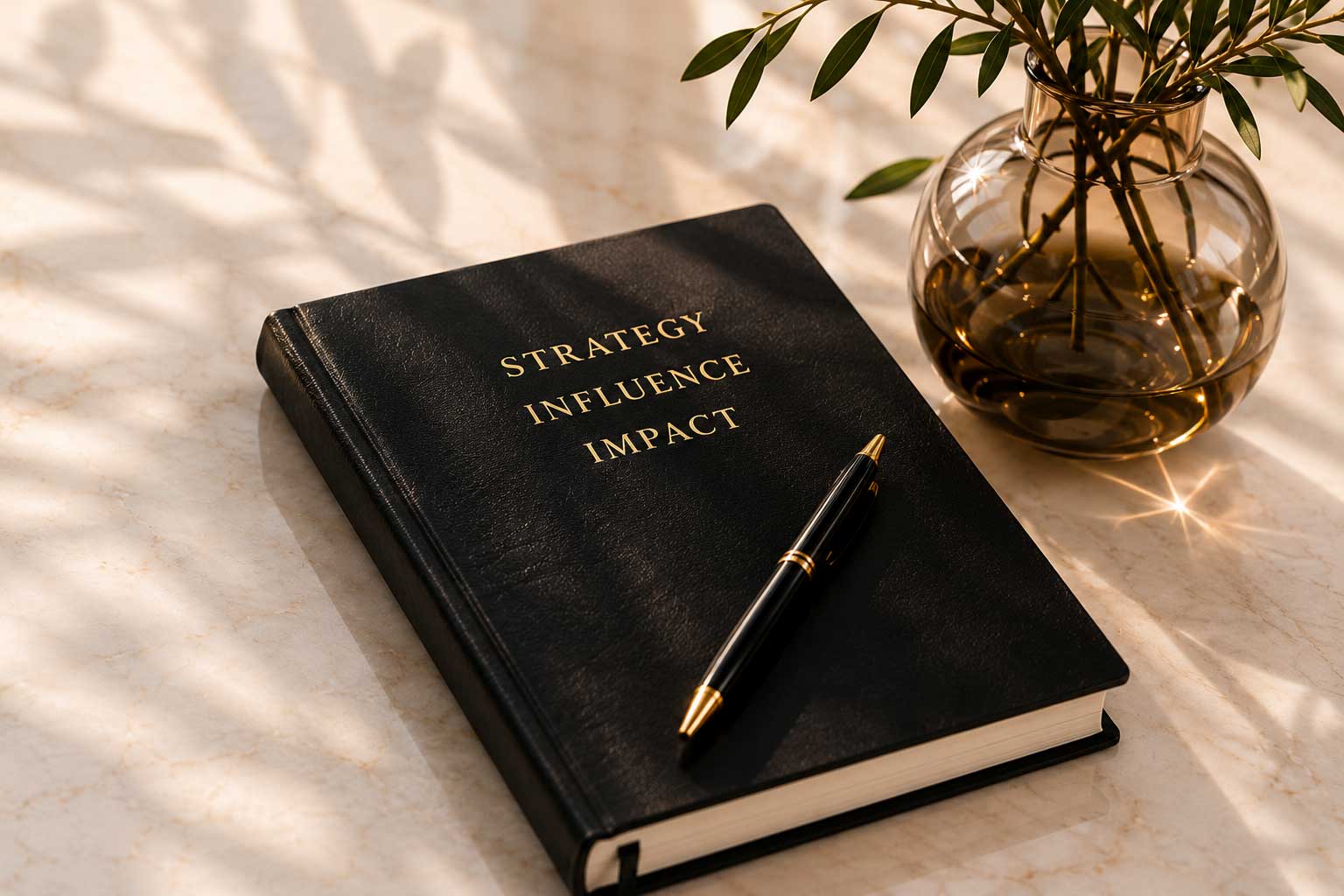 Black strategy book with pen on marble table