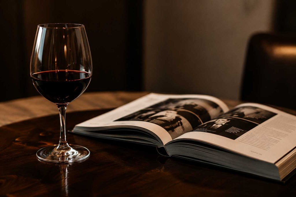 Glass of red wine beside open book